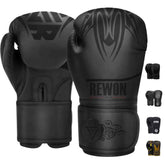 Boxhandschuhe für Anfänger in Schwarz, ideal für Kickboxen & Muay Thai, ausgestattet mit EVA-Schutz, Rewon Marke.